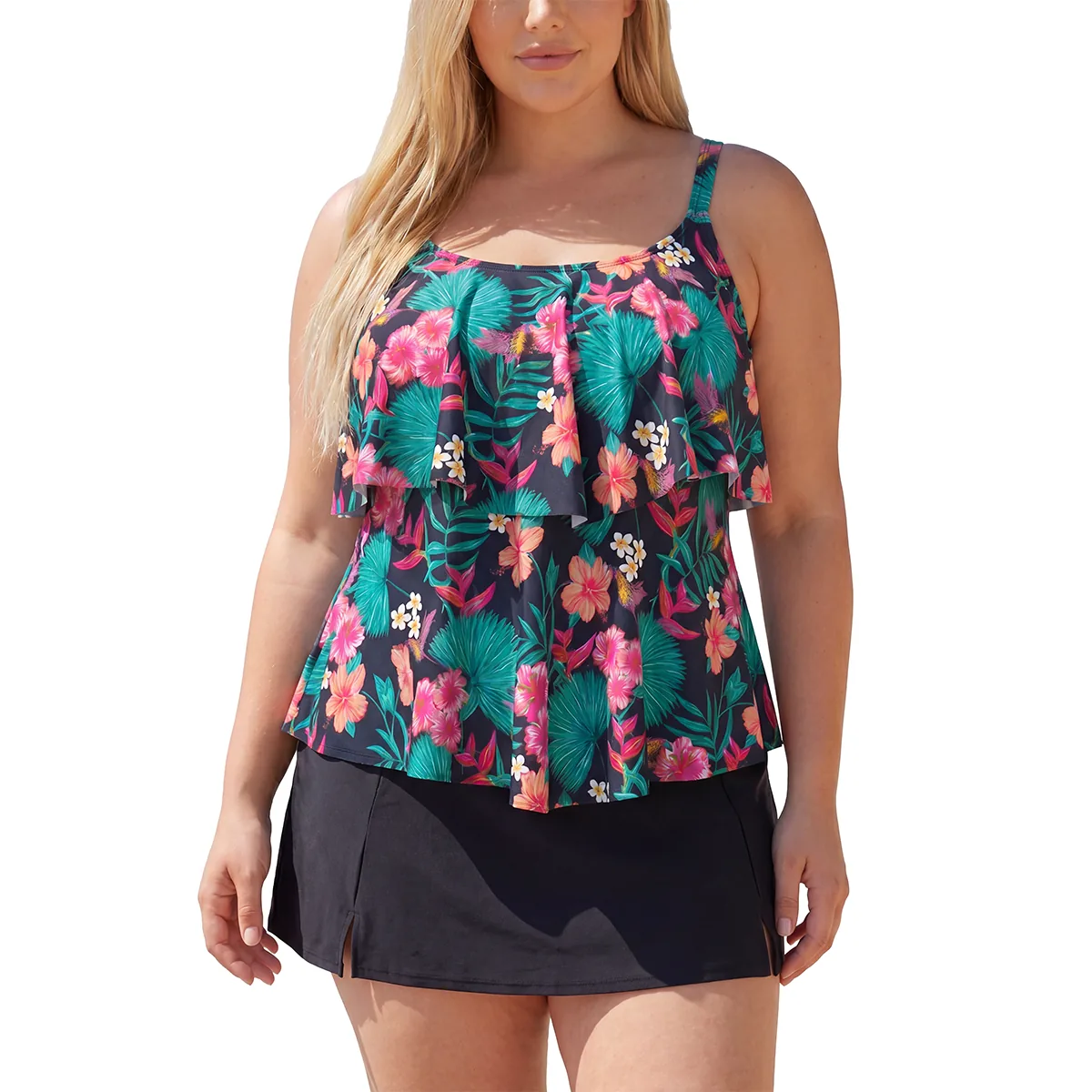 Flounce Tankini Set — Black Teal Floral / Culotte